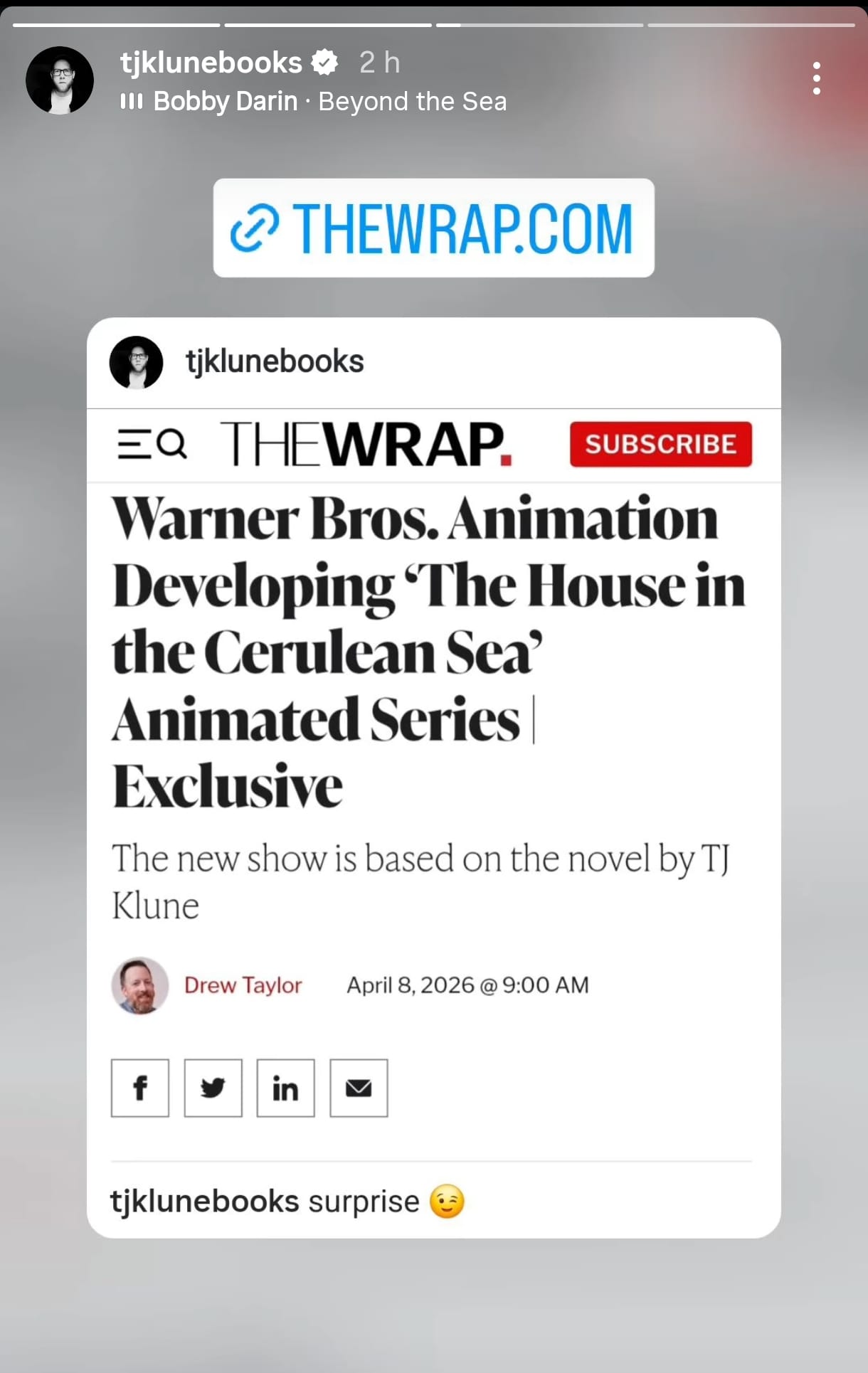 Réaction de TJ Klune sur Instagram