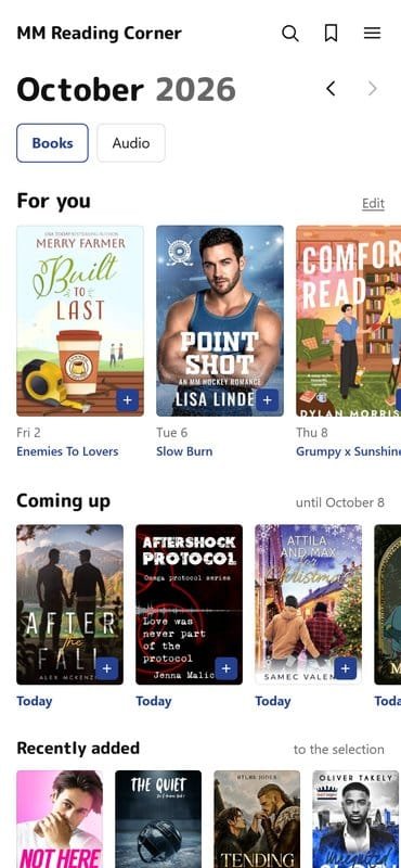 Home screen of the MM Reading Corner app: Books and Audio switch, For you and Coming up rows