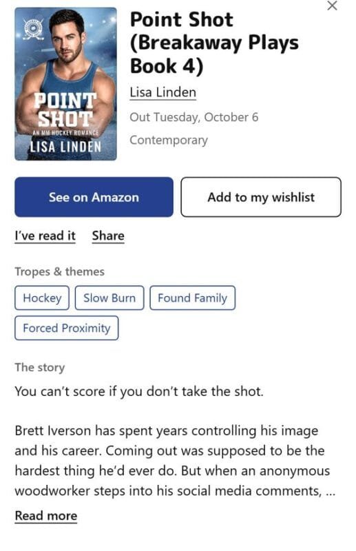 Book page in the MM Reading Corner app with tropes and blurb