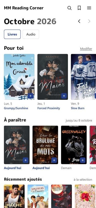 Accueil de l'app MM Reading Corner : bascule Livres et Audio, bandes Pour toi et À paraître