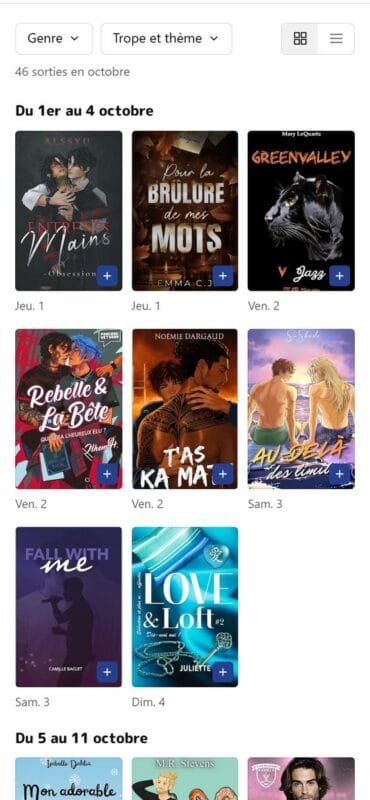Calendrier d'octobre dans l'app MM Reading Corner, couvertures regroupées par semaine