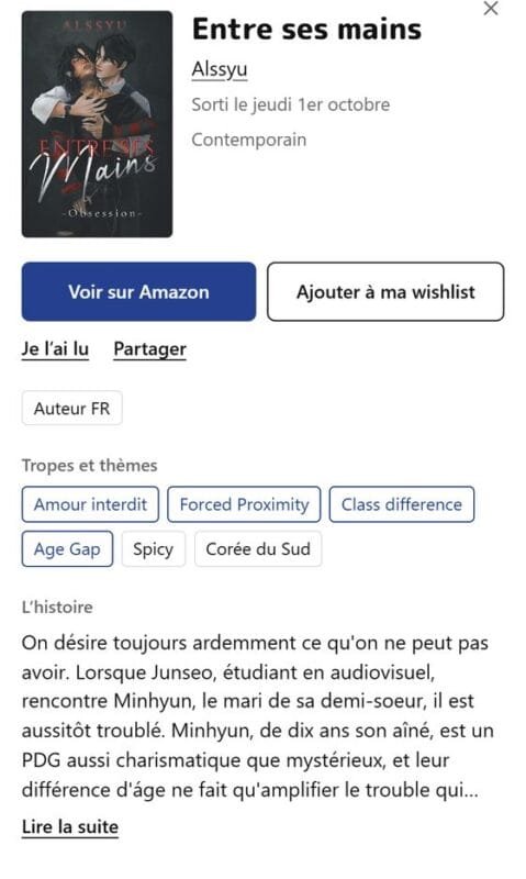 Fiche d'un livre dans l'app MM Reading Corner avec ses tropes et son résumé