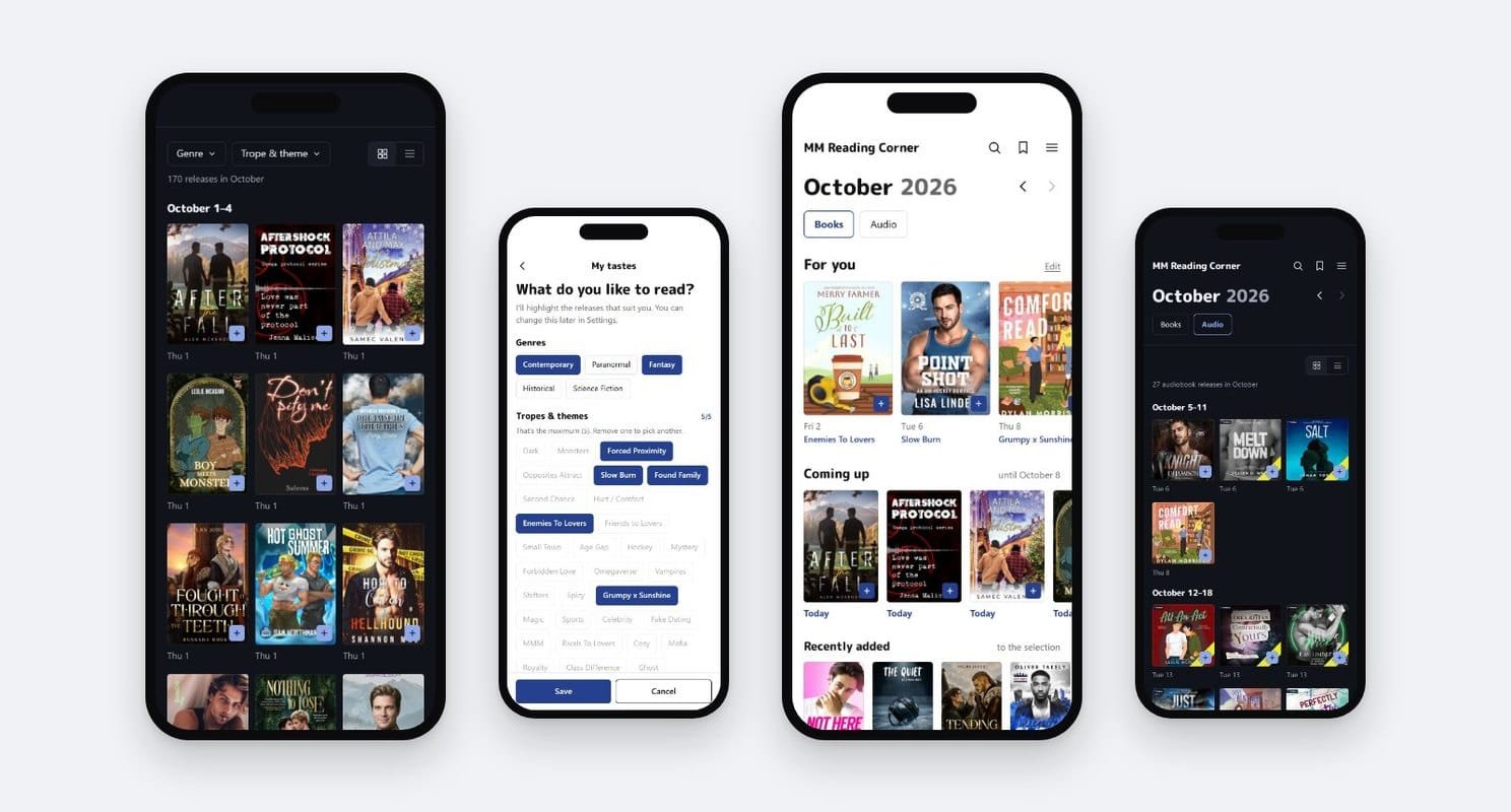 Four screens of the MM Reading Corner app: release calendar, reading tastes, home screen with the Books and Audio switch, audiobook releases