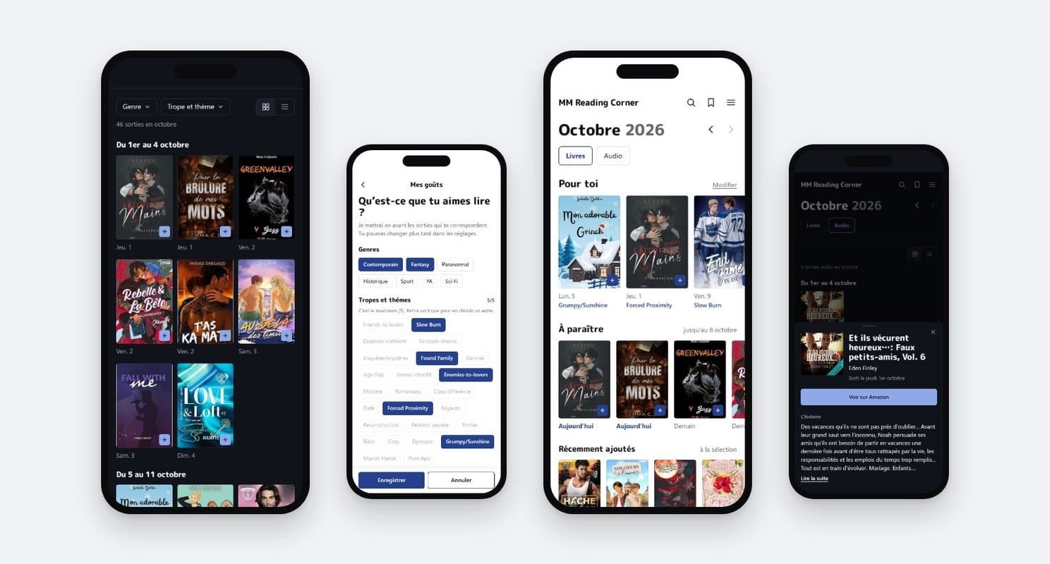 Quatre écrans de l'app MM Reading Corner : calendrier des sorties, choix des goûts, accueil avec la bascule Livres et Audio, sorties audio