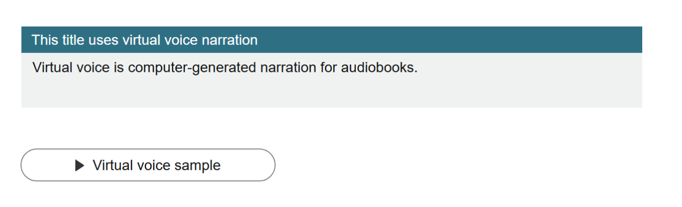Mention d'un livre audio en voix IA sur Amazon : This title uses virtual voice narration, et le bouton Virtual voice sample
